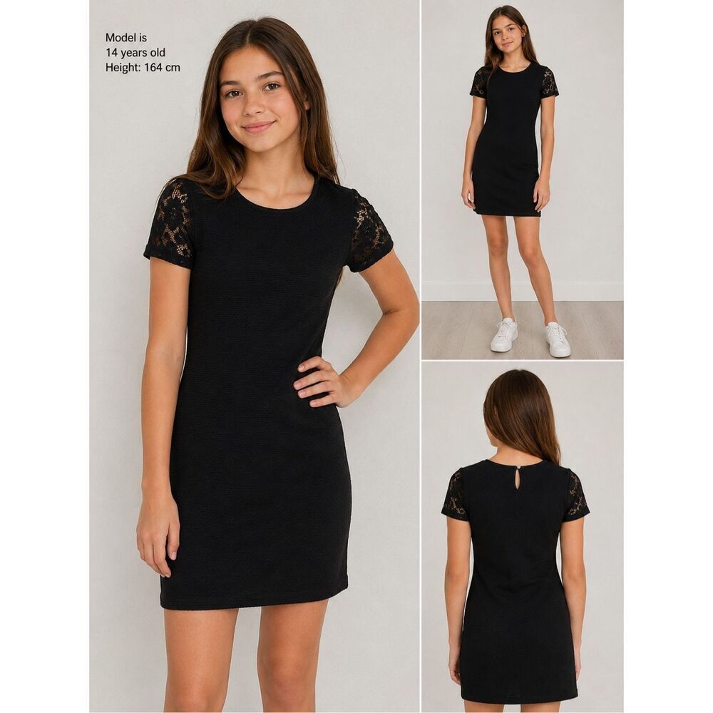 Rare Orchestra Paris Black Textured Lace Sleeve Dress Girls Size 14Y/164 cm